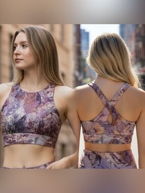 NWT Fabletics Purple Marble High-Neck Cross-Back Sports Bra